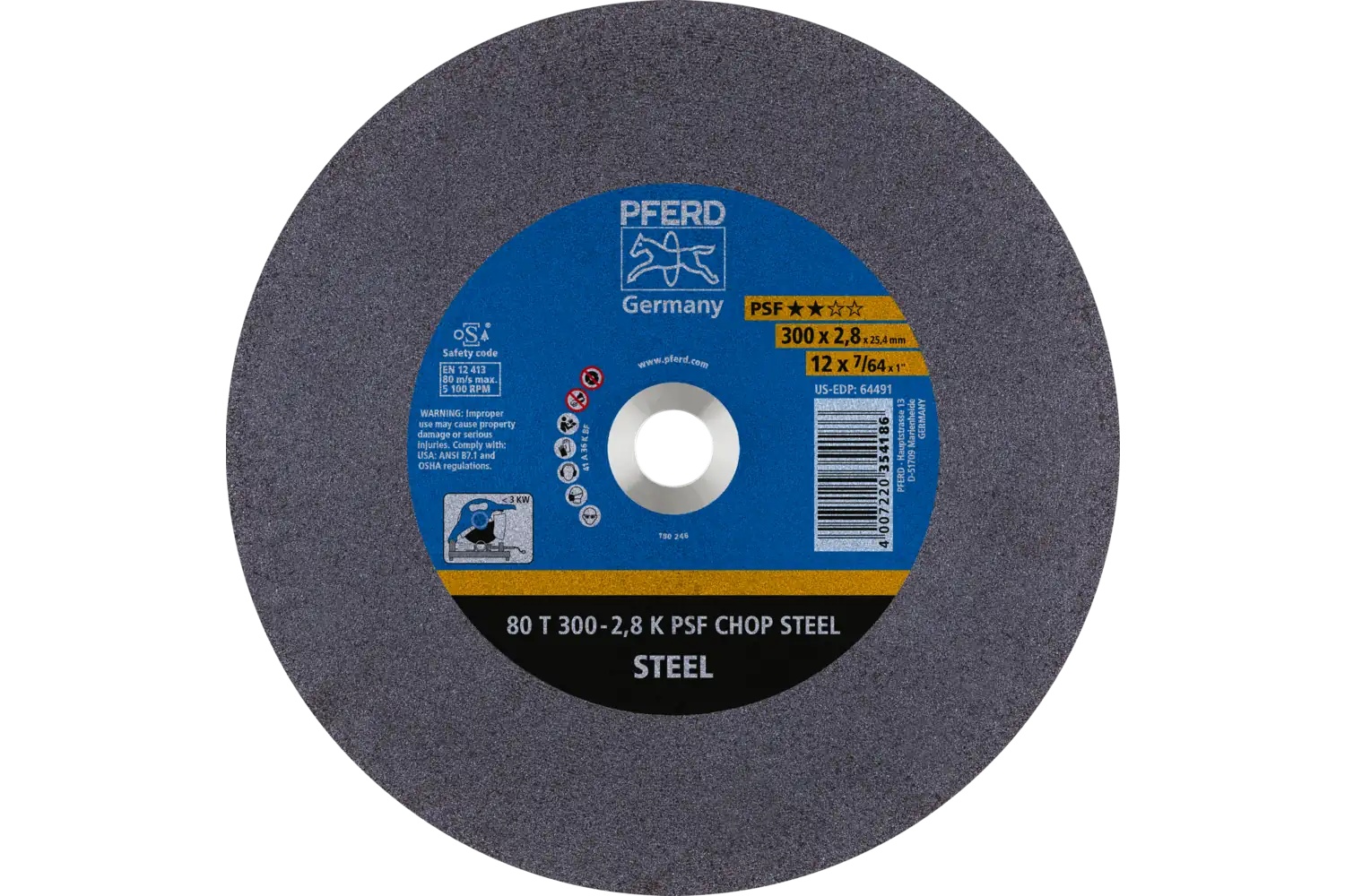 Picture of Pferd Large Diameter Cut-Off Wheel 12" X 7/64 X 1, Psf Chop Steel, K, Aluminum Oxide